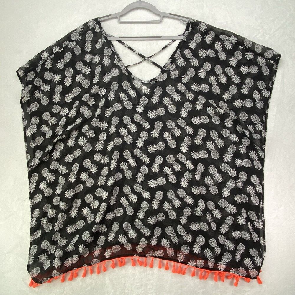 CoverUp Womens L Black & White Pineapple‎ Sheer top Swim Coverup no tag PTP 24"